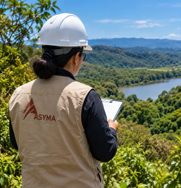 Profesional de ASYMA con casco revisando documentos frente a un río