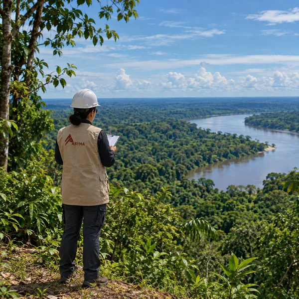 Profesional de ASYMA revisando su libreta frente a la selva