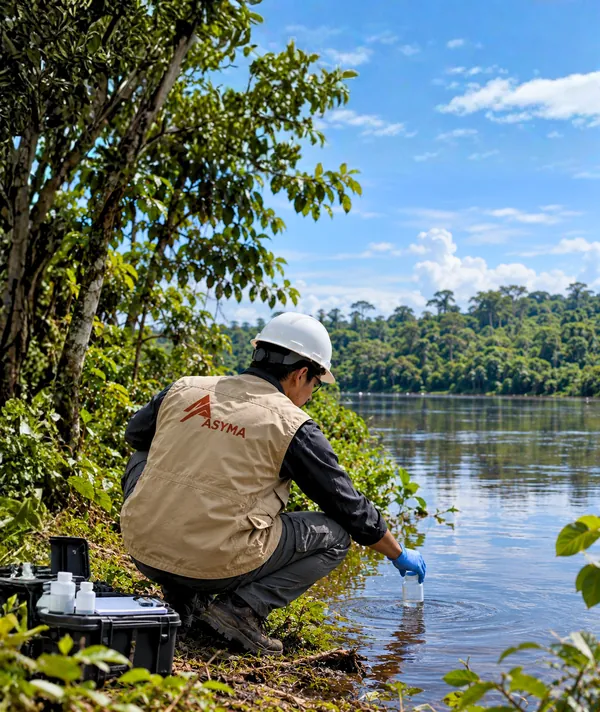 Profesional de ASYMA tomando una muestra de agua en la orilla de un río
